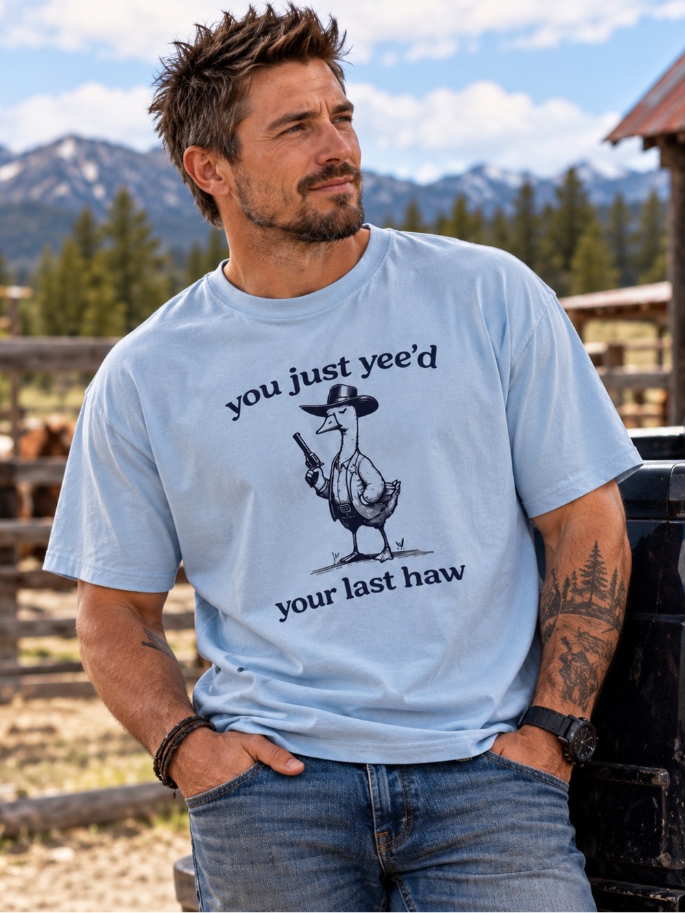 SHEIN Light Blue Yee’d Your Last Haw Graphic T-Shirt – Size L